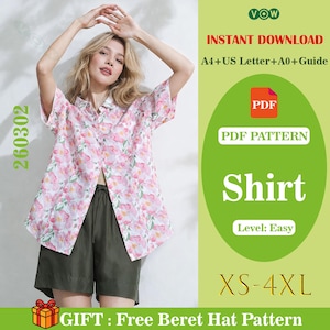 Modern Women’s Short Sleeve Shirt PDF Sewing Pattern Loose Fit Button Up Blouse Digital Download