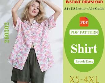 Patrón de costura en PDF para camisa moderna de manga corta para mujer, blusa holgada con botones, descarga digital