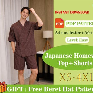Peut inclure: Un ensemble de vêtements d'intérieur japonais marron, comprenant un haut et un short, est présenté. L'ensemble est disponible en tailles XS-4XL. L'image comprend également le texte "INSTANT DOWNLOAD" et "PDF PDF PATTERN". Le niveau est "Easy".