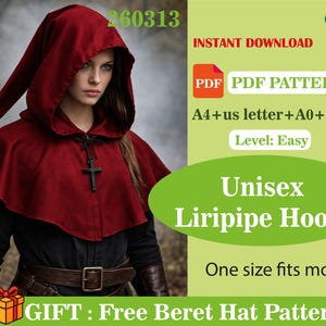 May include: A red unisex liripipe hood with a long, pointed hood and cape. The image includes text that says "PDF Pattern" and "One size fits most". The hood is part of a pattern that includes a free beret hat pattern.