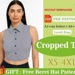 Women’s Cropped Top Sewing Pattern PDF, Sleeveless Button Down Top, Easy Beginner Sewing ,A0 pattern