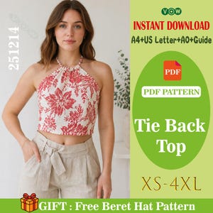 タイバッククロップトップの縫製パターン、初心者向け（PDFパターン）