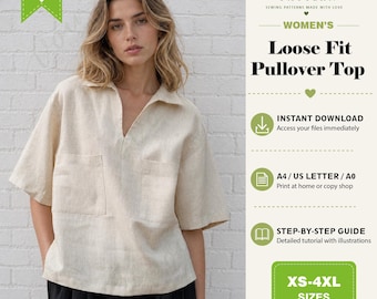 V-Neck Top Sewing Pattern, Loose Fit Blouse, Short Sleeve Shirt (Digital PDF Pattern)