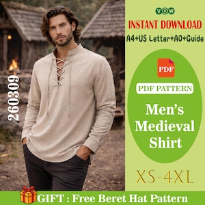 Męska koszula średniowieczna w formacie PDF, koszula pirata renesansowego, tunika wikinga, kostium LARP, luźna koszula historyczna, format A4, A0, list amerykański