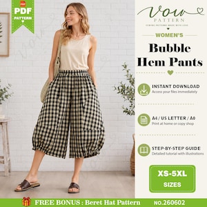 Puede incluir: Un patrón de costura digital para pantalones con dobladillo abullonado, que incluye una camiseta sin mangas beige y pantalones anchos de cuadros negros y beige con cintura elástica. El texto incluye Vow Pattern, Bubble Hem Pants y tallas XS-5XL.