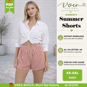 PDF-sömnadsmönster för sommarminishorts | Casual shorts för dam | Resår i midjan | Nybörjarvänlig