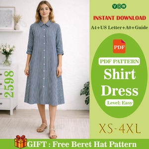 Puede incluir: Una mujer con un vestido camisero a rayas azules y blancas. El vestido tiene una botonadura frontal y un cuello. La imagen también incluye el texto "Shirt Dress" y "XS-4XL".