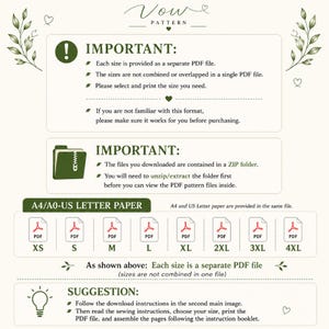 May include: An informational graphic for Vow Pattern with dark green text and icons. It explains that each size from XS to 4XL is a separate PDF file, files are in a ZIP folder, and provides instructions for printing on A4, A0, or US Letter paper.