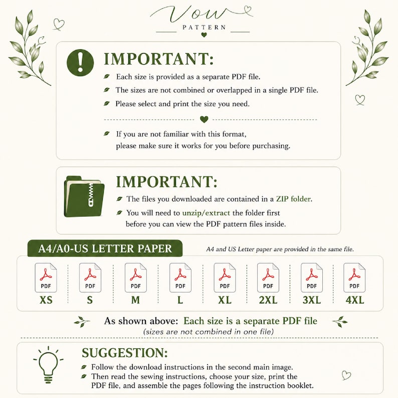 May include: An informational graphic for Vow Pattern with dark green text and icons. It explains that each size from XS to 4XL is a separate PDF file, files are in a ZIP folder, and provides instructions for printing on A4, A0, or US Letter paper.