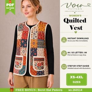 Quilted Vest Sewing Pattern PDF, Women's Boho Vest Pattern, Quilted Jacket PDF, Instant Download