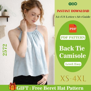 Può includere: Un camisole azzurro con design a nodo sulla schiena. L'immagine include il testo "Back Tie Camisole" e "XS-4XL". L'immagine dice anche "Download istantaneo" e "Modello PDF". Il camisole è un modello PDF e include un modello gratuito di cappello basco.