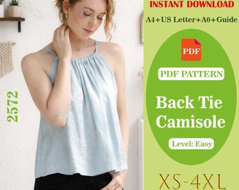 Patrón de costura en PDF para camisola con tirantes y lazo en la espalda / Camisola ligera de verano / Descarga digital / Camiseta sin mangas fácil de hacer para mujer