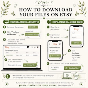 May include: An instructional infographic titled HOW TO DOWNLOAD YOUR FILES ON ETSY with green text and botanical accents. It provides step-by-step guides for downloading files on a computer and a mobile device, including icons, arrows, and button labels.