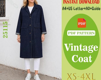 Patrón de costura para abrigo vintage / Abrigo largo clásico de lana (descarga digital)