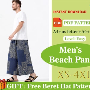 Puede incluir: Una persona con una camiseta blanca y pantalones de playa azules estampados. La imagen incluye el texto "Men's Beach Pants" y "XS-4XL". La imagen también incluye el texto "PDF PDF PATTERN" y "Instant Download".