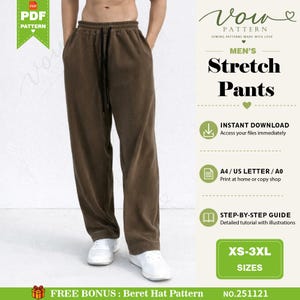 Könnte beinhalten: Braune Stretchhose mit elastischem Bund und schwarzem Kordelzug. Das Bild enthält den Text: Vow Pattern, Men's Stretch Pants, Instant Download, A4/US Letter/A0, Step-by-Step Guide, XS-3XL Sizes, Free Bonus: Beret Hat Pattern, No. 251121.