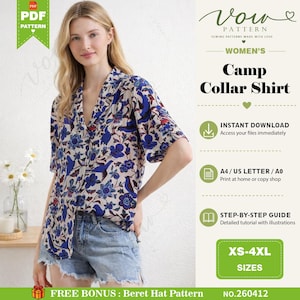 May include: A short-sleeve camp collar shirt with a beige base and a blue floral and bird pattern. The text on the right reads Vow Pattern, Camp Collar Shirt, Instant Download, A4/US Letter/A0, Step-by-Step Guide, XS-4XL Sizes, and Free Bonus.