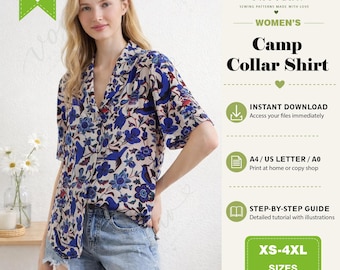Women's Camp Collar Shirt PDF Sewing Pattern (XS-4XL) (Digital Download)