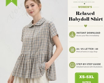 Drop Shoulder Shirt PDF Sewing Pattern,Relaxed Babydoll Shirt, XS-5XL (Digital Download)
