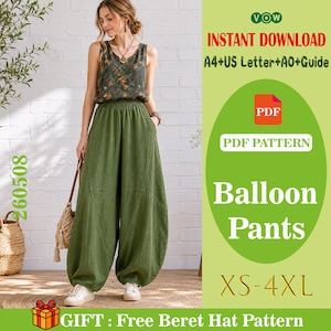 May include: A woman in a floral top and olive green balloon pants. The image features text stating "INSTANT DOWNLOAD" and "Balloon Pants XS-4XL". A free beret hat pattern is offered as a gift.