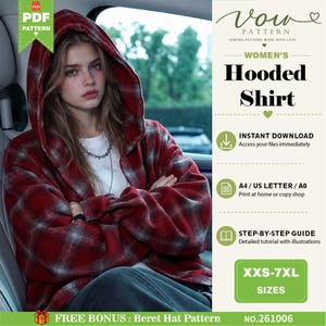 Pode incluir: Uma camisa com capuz xadrez vermelha e cinza com mangas compridas e fecho de botões. O texto na imagem diz Vow Pattern, Women's Hooded Shirt, Instant Download, A4 / US Letter / A0, Step-by-Step Guide, XXS-7XL Sizes, No.261006.