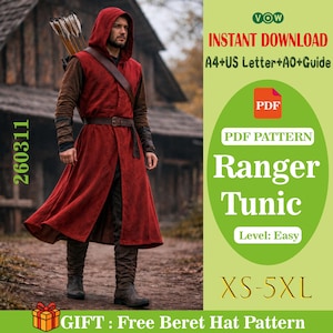 May include: A person wearing a red hooded tunic with a brown leather belt and boots. The image includes text that says "Ranger Tunic" and "Instant Download". The pattern is available in sizes XS-5XL.