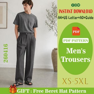 May include: A person wearing a gray t-shirt and gray trousers. The image includes a green circle with the text "Men's Trousers" and "XS-5XL". The image also includes the text "INSTANT DOWNLOAD A4+US Letter+AO+Guide" and "GIFT: Free Beret Hat Pattern".