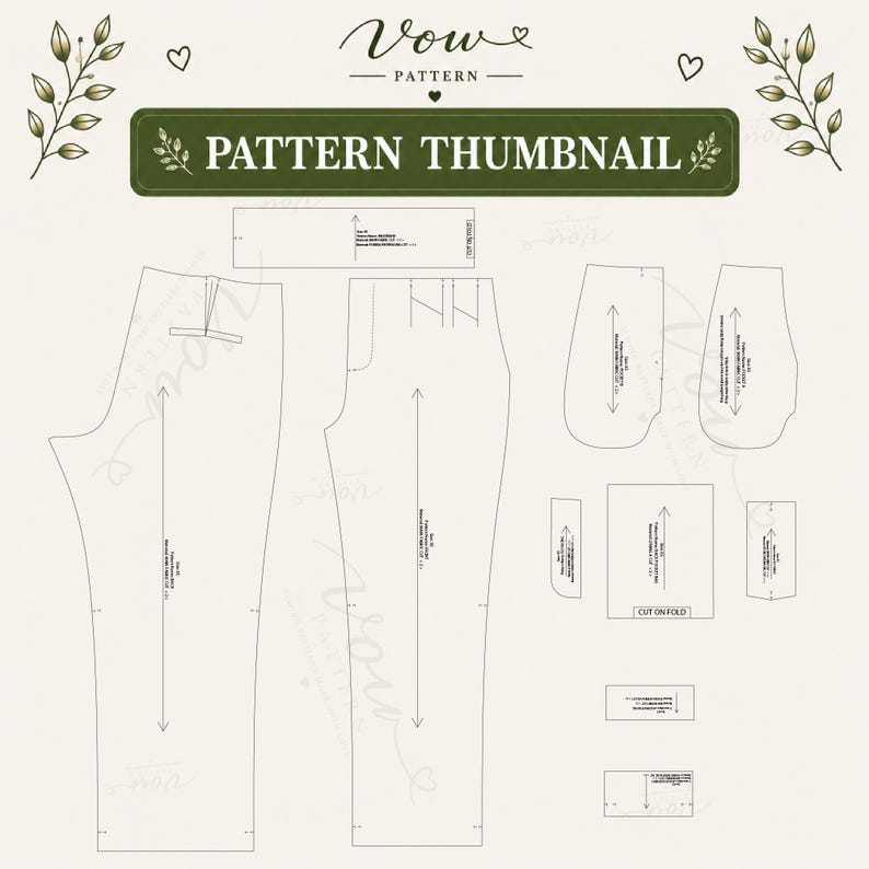 Op de afbeelding: Een naaipatroon voor een broek met diverse zwart getekende patroondelen op een lichte achtergrond. De afbeelding bevat tekstlabels zoals Vow Pattern en Pattern Thumbnail, samen met richtingpijlen, markeringen voor de stofvouw en inkepingen voor assemblage.