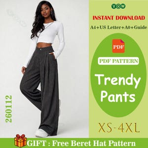 Puede incluir: Una mujer con un top blanco de manga larga y pantalones de pierna ancha a rayas blancas y negras. La imagen incluye el texto "Trendy Pants" y "XS-4XL". La imagen también dice "Descarga instantánea" y "Patrón PDF".