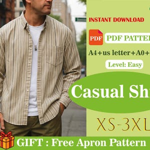Patrón de costura para camisa casual de hombre / Camisa clásica de manga larga con botones / Patrón PDF de camisa de corte relajado (A0/A4/Carta EE. UU., XS-3XL)