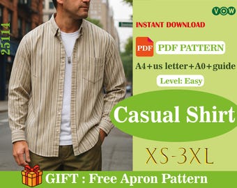 Men's Relaxed Fit Casual Shirt Sewing Pattern (PDF Pattern, XS-3XL)