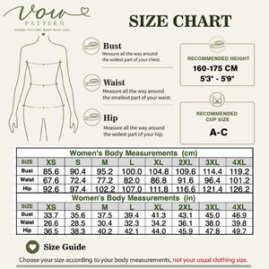 May include: A Vow Pattern size chart featuring a line drawing of a body with bust, waist, and hip measurement instructions. It includes recommended height of 160-175 cm or 5'3"-5'9", cup size A-C, and a detailed table of body measurements in cm and inches.