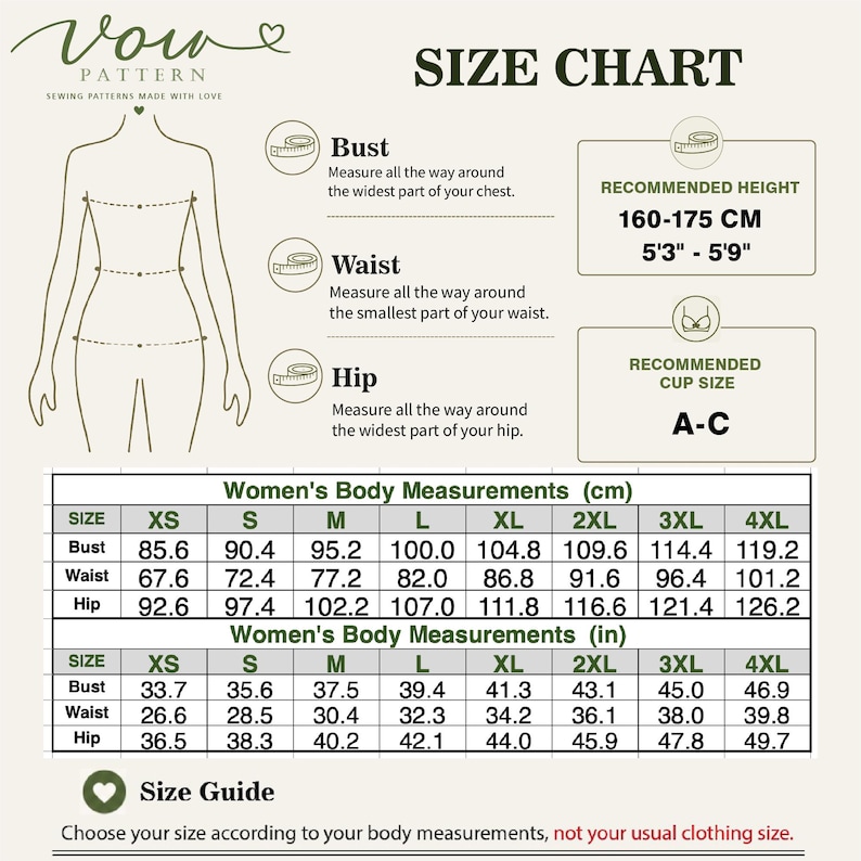 May include: A Vow Pattern size chart featuring a line drawing of a body with bust, waist, and hip measurement instructions. It includes recommended height of 160-175 cm or 5'3"-5'9", cup size A-C, and a detailed table of body measurements in cm and inches.