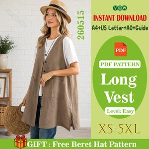 May include: A long brown button-down vest with two front pockets and side slits, worn over a white t-shirt. The image includes text: 260515, INSTANT DOWNLOAD, A4+US Letter+A0+Guide, PDF PATTERN, Long Vest, Level: Easy, XS-5XL, GIFT: Free Beret Hat Pattern.