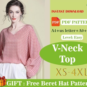 V-neck Blouse Sewing Pattern PDF, Women’s Loose Fit Top, Long Sleeve Easy Blouse, Digital Download, A4 A0 US Letter, Beginner Friendly