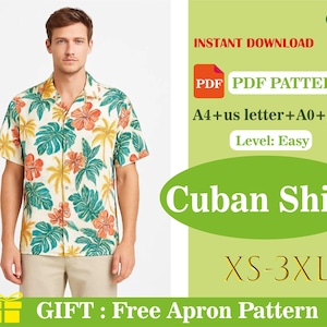 Men’s Cuban Collar Shirt Sewing Pattern PDF, Relaxed Fit Short Sleeve Shirt, Vintage Style Camp Collar Top, Summer Holiday Casual Shirt