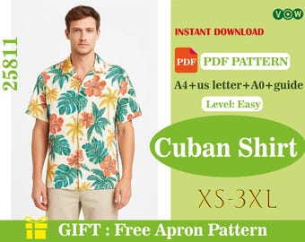 Patrón de costura para camisa de cuello cubano para hombre (PDF), camisa de manga corta de corte holgado, cuello cubano estilo vintage, camisa informal para vacaciones de verano.