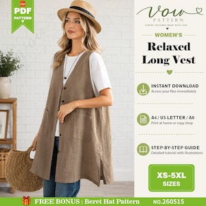 Long Vest Sewing Pattern PDF, Women's Button Front Vest, Sleeveless Layering Jacket, V Neck Pocket Vest, Loose Fit Tunic, XS-5XL