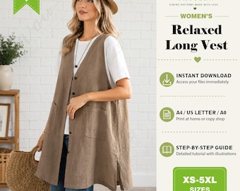Long Vest Sewing Pattern PDF, Women's Button Front Vest, Sleeveless Layering Jacket, V Neck Pocket Vest, Loose Fit Tunic, XS-5XL