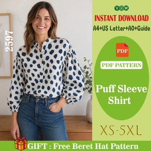 Cartamodello PDF per camicetta con maniche a sbuffo / Camicia da donna con colletto alla coreana / Cartamodello digitale in stile vintage per principianti