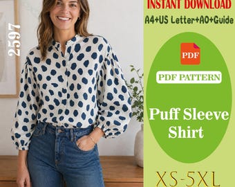Patron de couture pour chemisier à manches bouffantes PDF | Chemise à col montant pour femme | Patron de couture numérique style vintage pour débutants