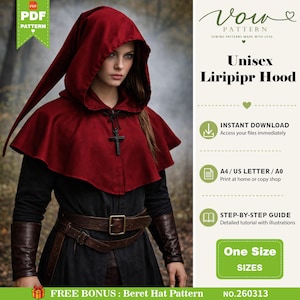 May include: A deep red hooded capelet with a long pointed tail and a black cross pendant at the neck. The digital sewing pattern includes text for a Unisex Liripipr Hood, instant download, A4, US Letter, A0 formats, and a step-by-step guide.
