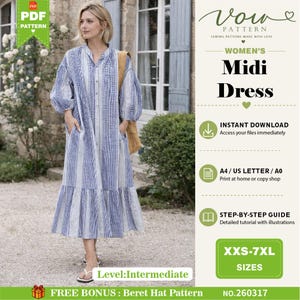 May include: A midi dress sewing pattern featuring a blue and white gingham and striped fabric design. The text includes Vow Pattern, Midi Dress, Instant Download, A4/US Letter/A0, Step-by-Step Guide, XXS-7XL Sizes, and Free Bonus: Beret Hat Pattern.