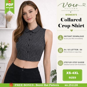 Women's Sleeveless Button Down Crop Shirt Collared Top Sewing Pattern (PDF Download)