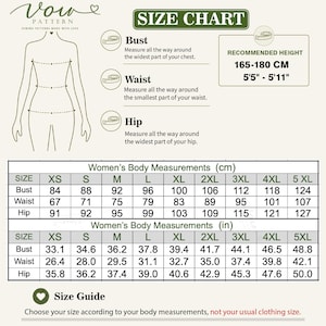 May include: A Vow Pattern size chart featuring a line drawing of a torso with bust, waist, and hip measurement indicators. It includes a recommended height of 165-180 cm and two tables listing body measurements in centimetres and inches for sizes XS to 5XL.