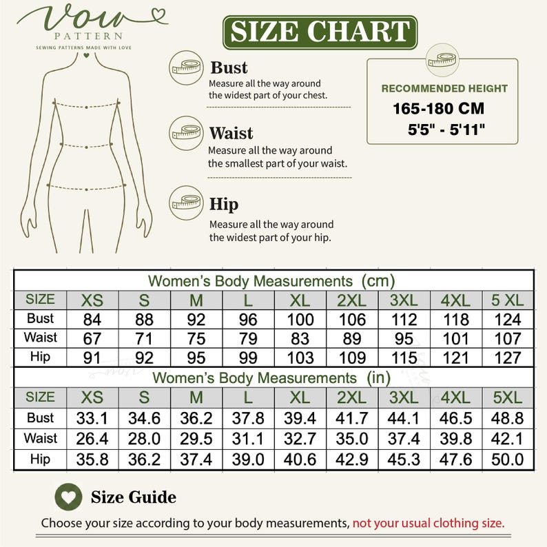 May include: A Vow Pattern size chart featuring a line drawing of a torso with bust, waist, and hip measurement indicators. It includes a recommended height of 165-180 cm and two tables listing body measurements in centimetres and inches for sizes XS to 5XL.