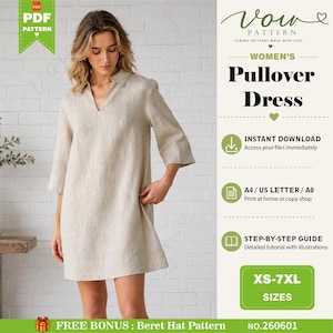 May include: A digital sewing pattern for a beige pullover dress with three-quarter sleeves and a V-neckline. The graphic includes the text Vow Pattern, Women's Pullover Dress, Instant Download, A4/US Letter/A0, Step-by-Step Guide, and XS-7XL sizes.
