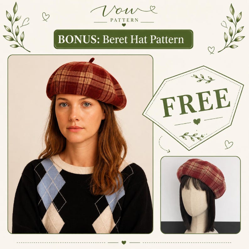 May include: A red and tan plaid beret hat with a small top tab. The image includes text that reads Vow Pattern, Bonus: Beret Hat Pattern, and Free. The beret is shown on a person and on a mannequin head, both featuring the same plaid fabric.