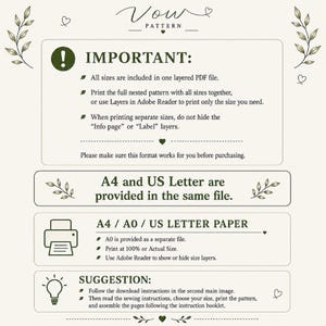 May include: A digital sewing pattern instruction sheet titled Vow Pattern. It contains important information about layered PDF files, printing instructions for A4, A0, and US Letter paper sizes, and suggestions for downloading, printing, and assembling the pattern.