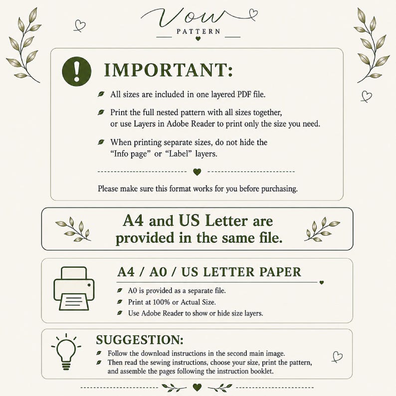 May include: A digital sewing pattern instruction sheet titled Vow Pattern. It contains important information about layered PDF files, printing instructions for A4, A0, and US Letter paper sizes, and suggestions for downloading, printing, and assembling the pattern.